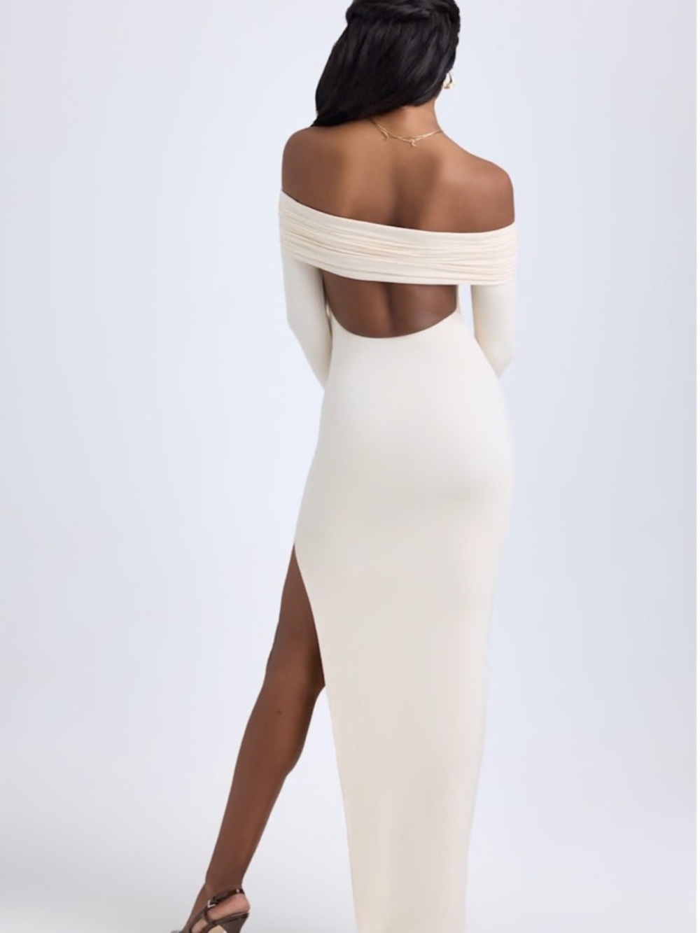 Off-Shoulder Open-Back Evening Gown in Cream